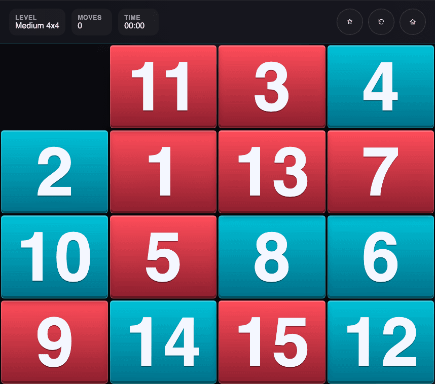 Beat the Scrambler running on a 4x4 board in Medium difficulty, showing the move counter, timer, and Scrambler mascot in the corner